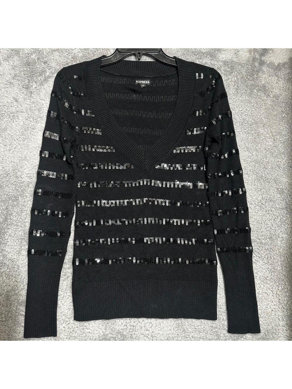 Express Sequin Striped Sweater Womens Small Black V-Neck Ribbed Knit Pullover